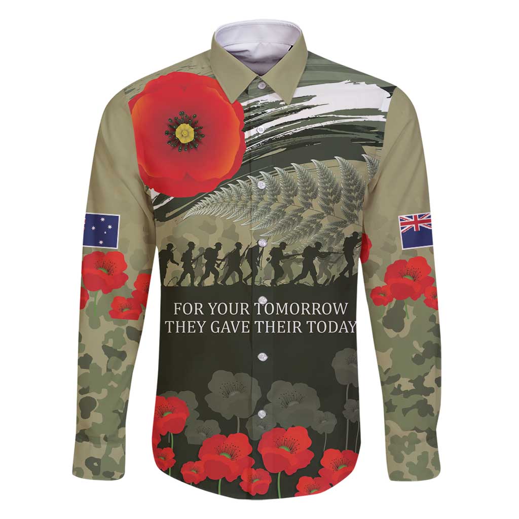 ANZAC Day We Remember Family Matching Mermaid Dress and Hawaiian Shirt Maori Silver Fern Camouflage Motif LT9 Dad's Shirt - Long Sleeve Green - Polynesian Pride