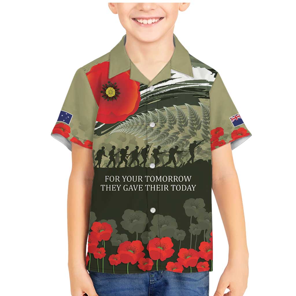 ANZAC Day We Remember Family Matching Mermaid Dress and Hawaiian Shirt Maori Silver Fern Camouflage Motif LT9 Son's Shirt Green - Polynesian Pride