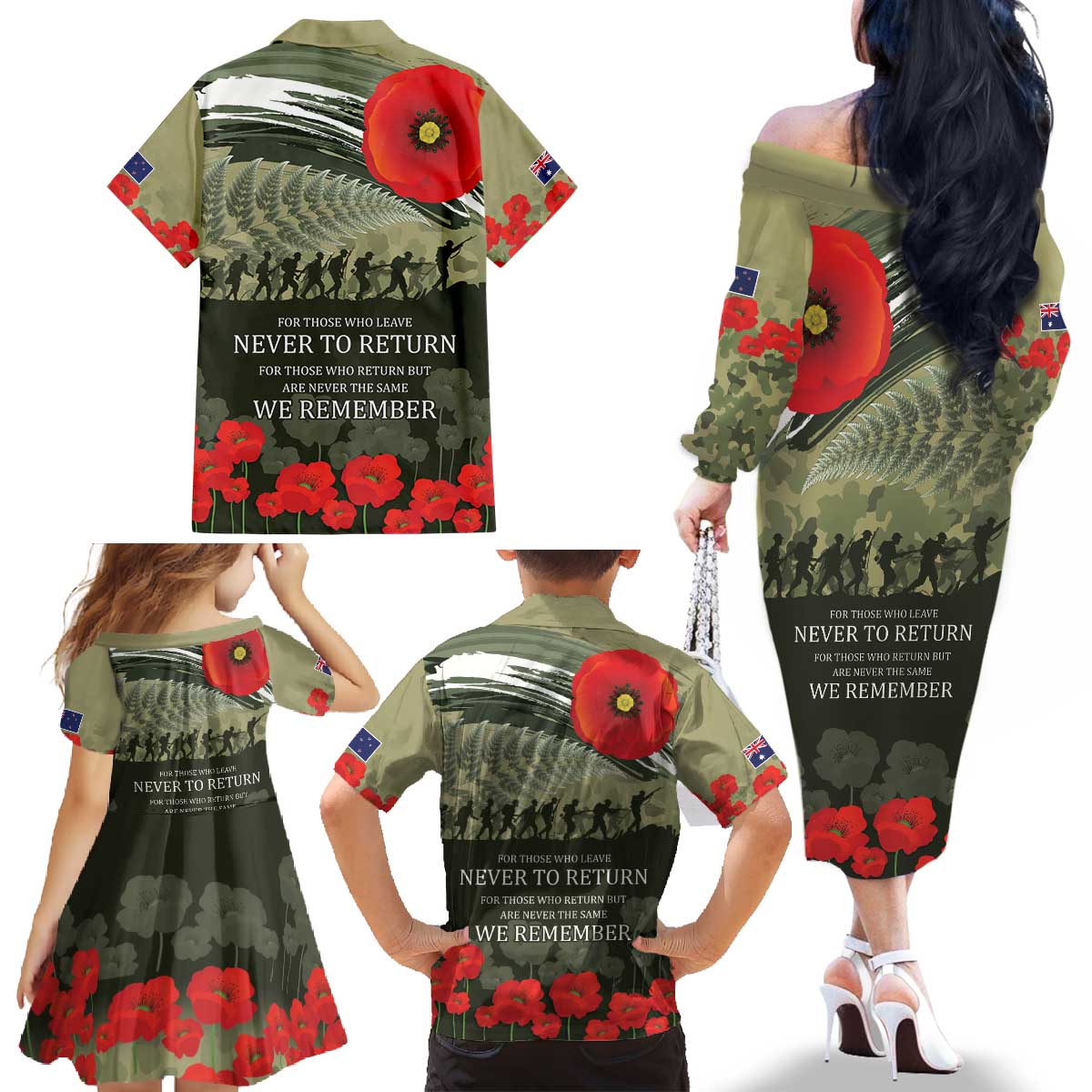 ANZAC Day We Remember Family Matching Off The Shoulder Long Sleeve Dress and Hawaiian Shirt Maori Silver Fern Camouflage Motif LT9 - Polynesian Pride