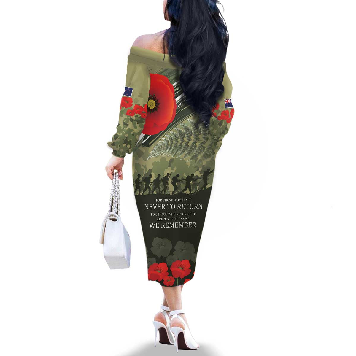 ANZAC Day We Remember Family Matching Off The Shoulder Long Sleeve Dress and Hawaiian Shirt Maori Silver Fern Camouflage Motif LT9 - Polynesian Pride