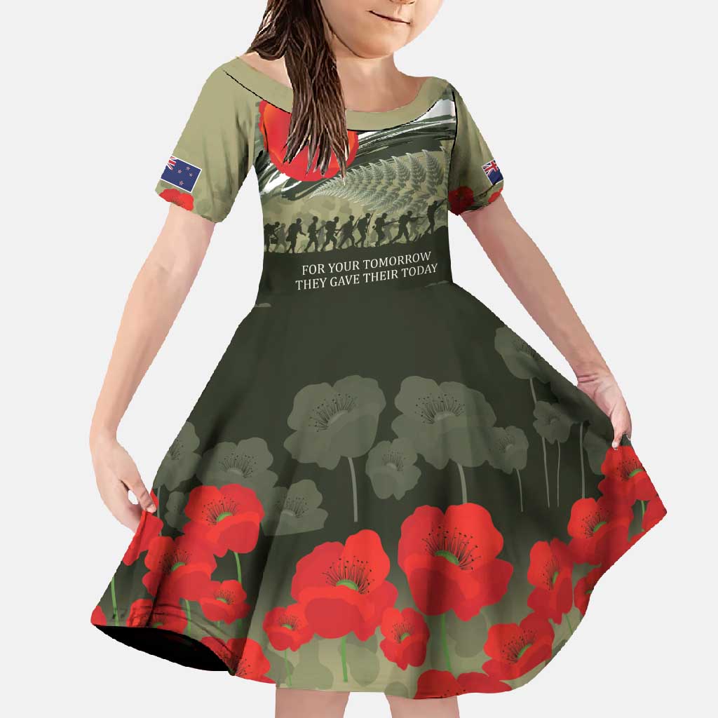 ANZAC Day We Remember Family Matching Off Shoulder Maxi Dress and Hawaiian Shirt Maori Silver Fern Camouflage Motif LT9 Daughter's Dress Green - Polynesian Pride
