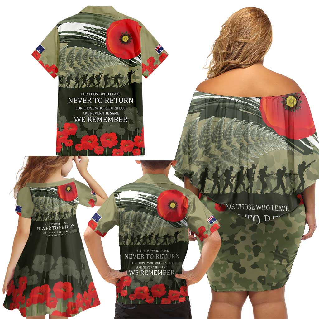 ANZAC Day We Remember Family Matching Off Shoulder Short Dress and Hawaiian Shirt Maori Silver Fern Camouflage Motif LT9 - Polynesian Pride