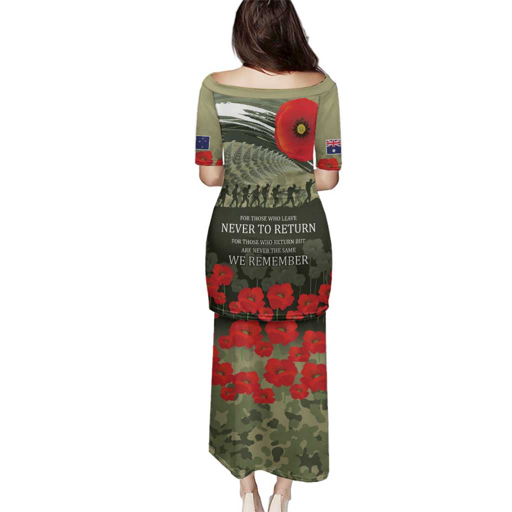 ANZAC Day We Remember Family Matching Puletasi and Hawaiian Shirt Maori Silver Fern Camouflage Motif LT9 - Polynesian Pride