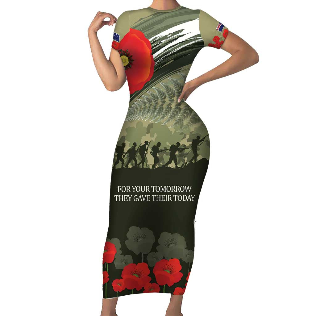 ANZAC Day We Remember Family Matching Short Sleeve Bodycon Dress and Hawaiian Shirt Maori Silver Fern Camouflage Motif LT9 Mom's Dress Green - Polynesian Pride