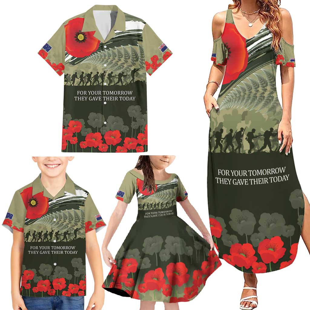 ANZAC Day We Remember Family Matching Summer Maxi Dress and Hawaiian Shirt Maori Silver Fern Camouflage Motif LT9 - Polynesian Pride