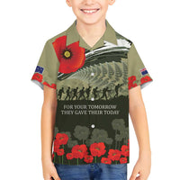ANZAC Day We Remember Family Matching Tank Maxi Dress and Hawaiian Shirt Maori Silver Fern Camouflage Motif LT9 Son's Shirt Green - Polynesian Pride