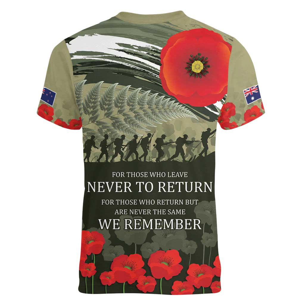 ANZAC Day We Remember Women V-Neck T-Shirt Maori Silver Fern Camouflage Motif
