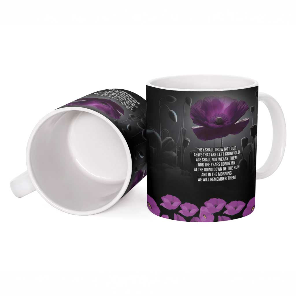 ANZAC Day Remembrance Ceramic Mug Purple Poppy We Will Remember Them