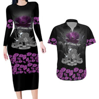 ANZAC Day Remembrance Couples Matching Long Sleeve Bodycon Dress and Hawaiian Shirt Purple Poppy We Will Remember Them