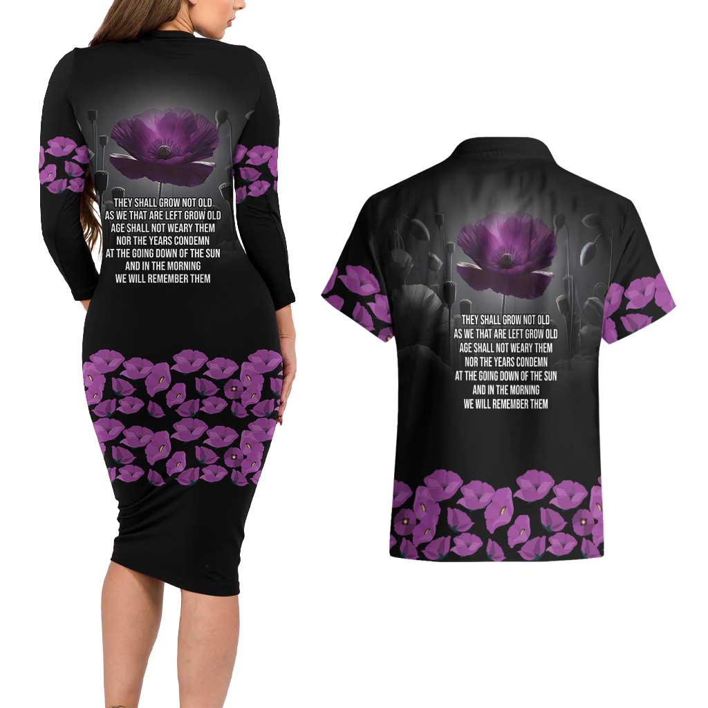 ANZAC Day Remembrance Couples Matching Long Sleeve Bodycon Dress and Hawaiian Shirt Purple Poppy We Will Remember Them