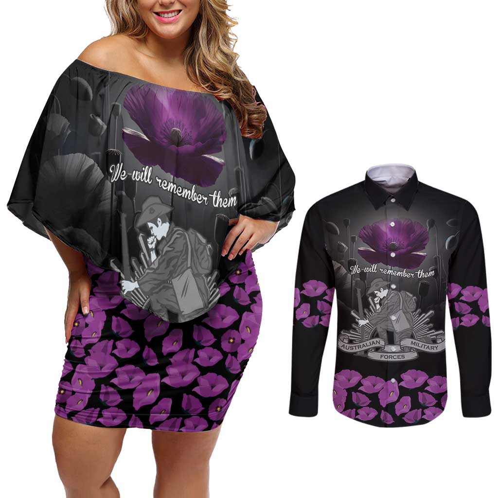 ANZAC Day Remembrance Couples Matching Off Shoulder Short Dress and Long Sleeve Button Shirt Purple Poppy We Will Remember Them