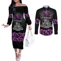 ANZAC Day Remembrance Couples Matching Off The Shoulder Long Sleeve Dress and Long Sleeve Button Shirt Purple Poppy We Will Remember Them
