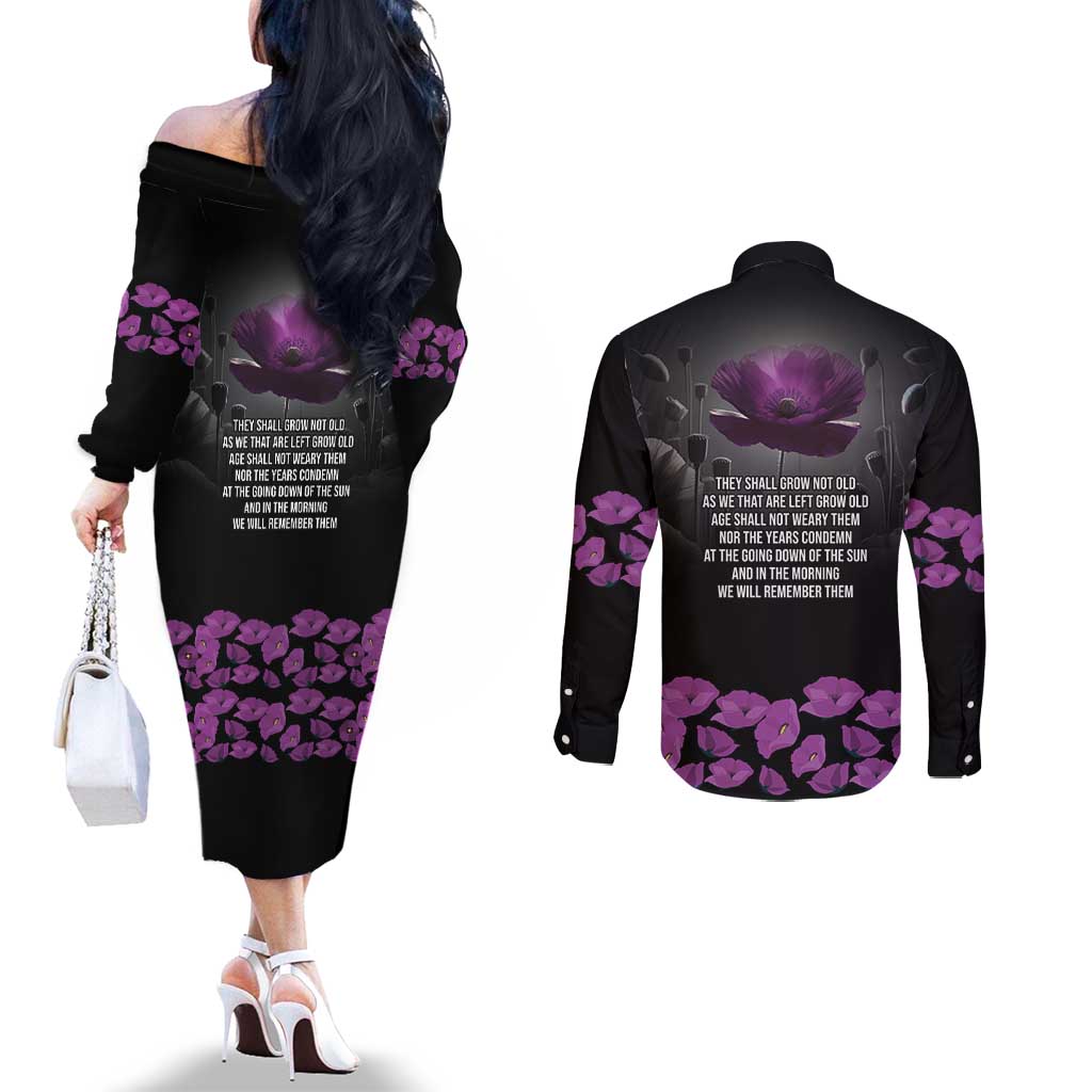 ANZAC Day Remembrance Couples Matching Off The Shoulder Long Sleeve Dress and Long Sleeve Button Shirt Purple Poppy We Will Remember Them