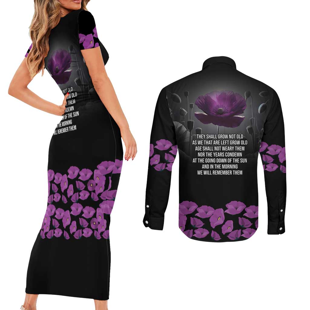 ANZAC Day Remembrance Couples Matching Short Sleeve Bodycon Dress and Long Sleeve Button Shirt Purple Poppy We Will Remember Them