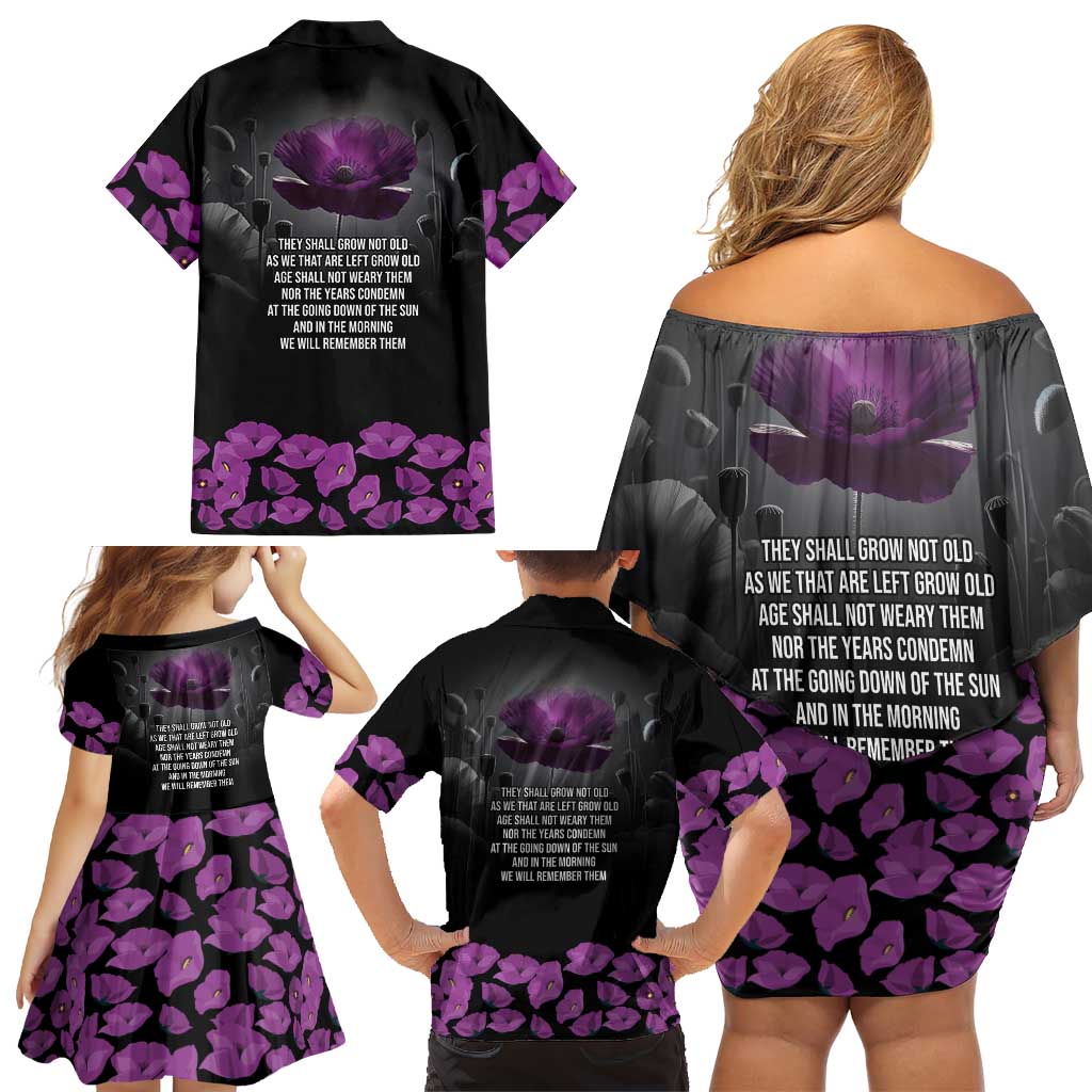 ANZAC Day Remembrance Family Matching Off Shoulder Short Dress and Hawaiian Shirt Purple Poppy We Will Remember Them