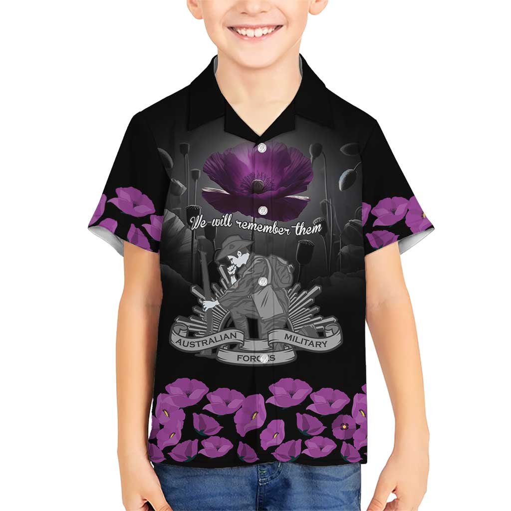 ANZAC Day Remembrance Family Matching Off Shoulder Short Dress and Hawaiian Shirt Purple Poppy We Will Remember Them