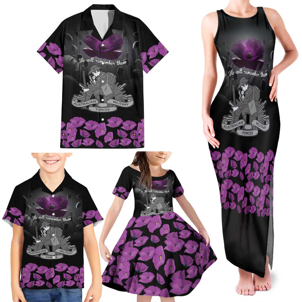 ANZAC Day Remembrance Family Matching Tank Maxi Dress and Hawaiian Shirt Purple Poppy We Will Remember Them