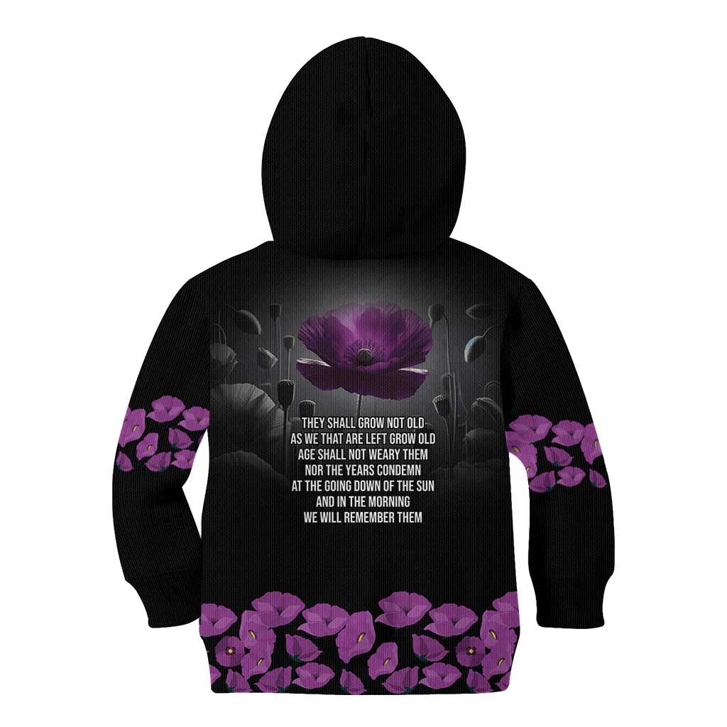 ANZAC Day Remembrance Kid Hoodie Purple Poppy We Will Remember Them