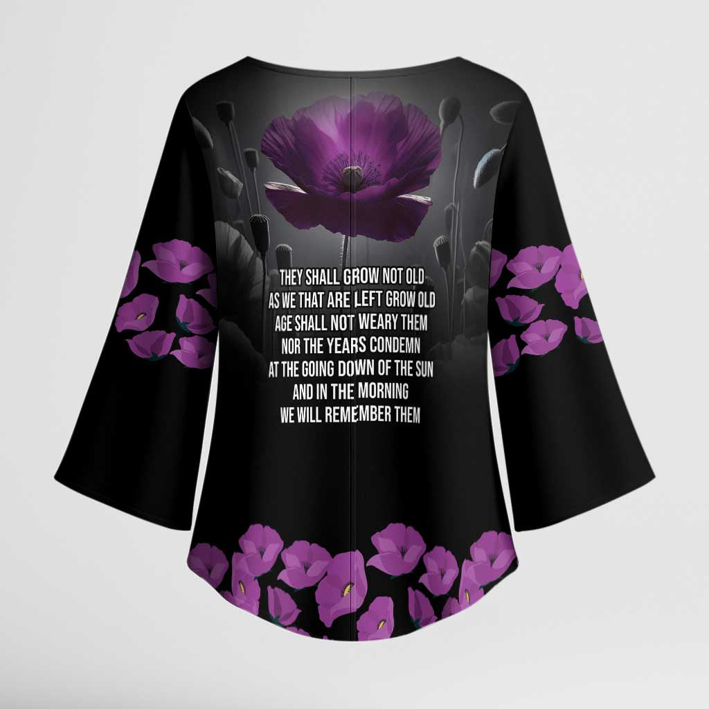 ANZAC Day Remembrance Kimono Sleeve Blouse Purple Poppy We Will Remember Them