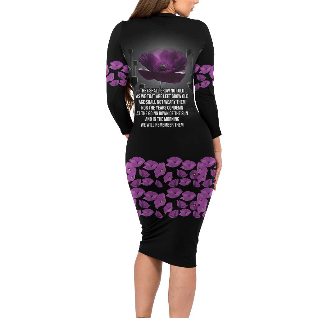 ANZAC Day Remembrance Long Sleeve Bodycon Dress Purple Poppy We Will Remember Them