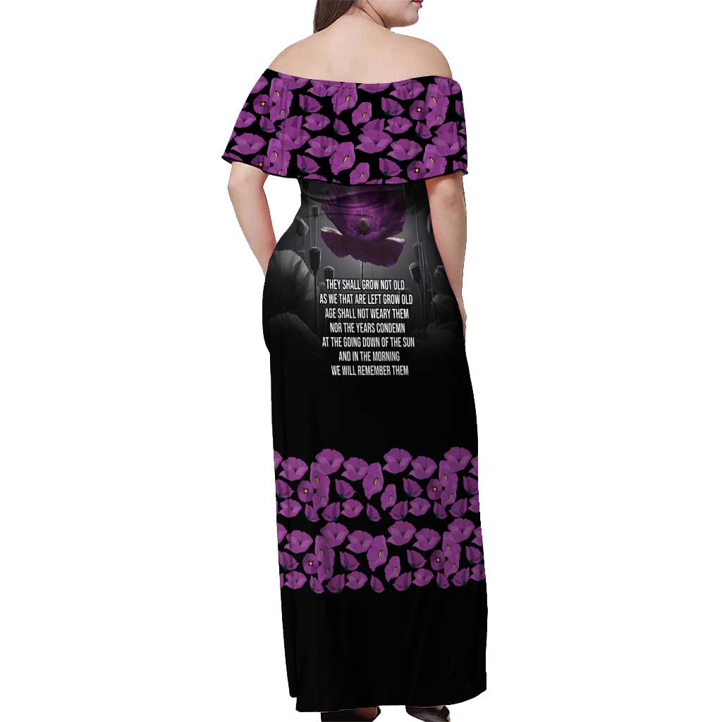 ANZAC Day Remembrance Off Shoulder Maxi Dress Purple Poppy We Will Remember Them