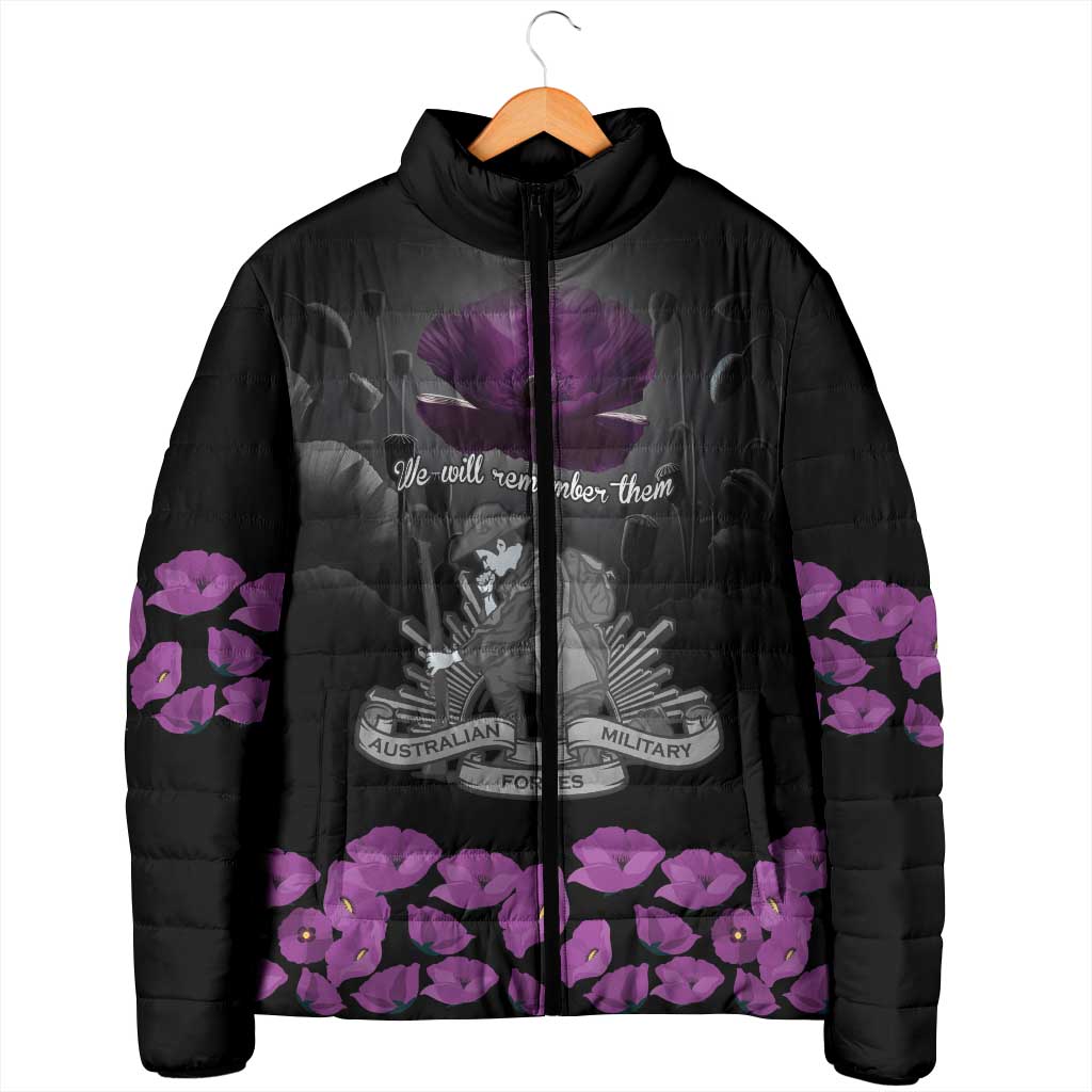 ANZAC Day Remembrance Padded Jacket Purple Poppy We Will Remember Them