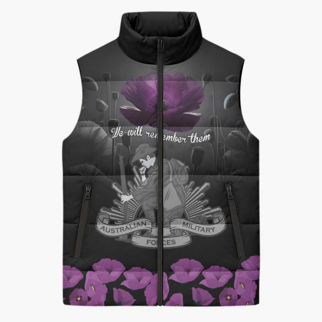 ANZAC Day Remembrance Sleeveless Puffer Jacket Purple Poppy We Will Remember Them
