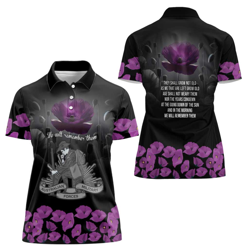 ANZAC Day Remembrance Women Polo Shirt Purple Poppy We Will Remember Them