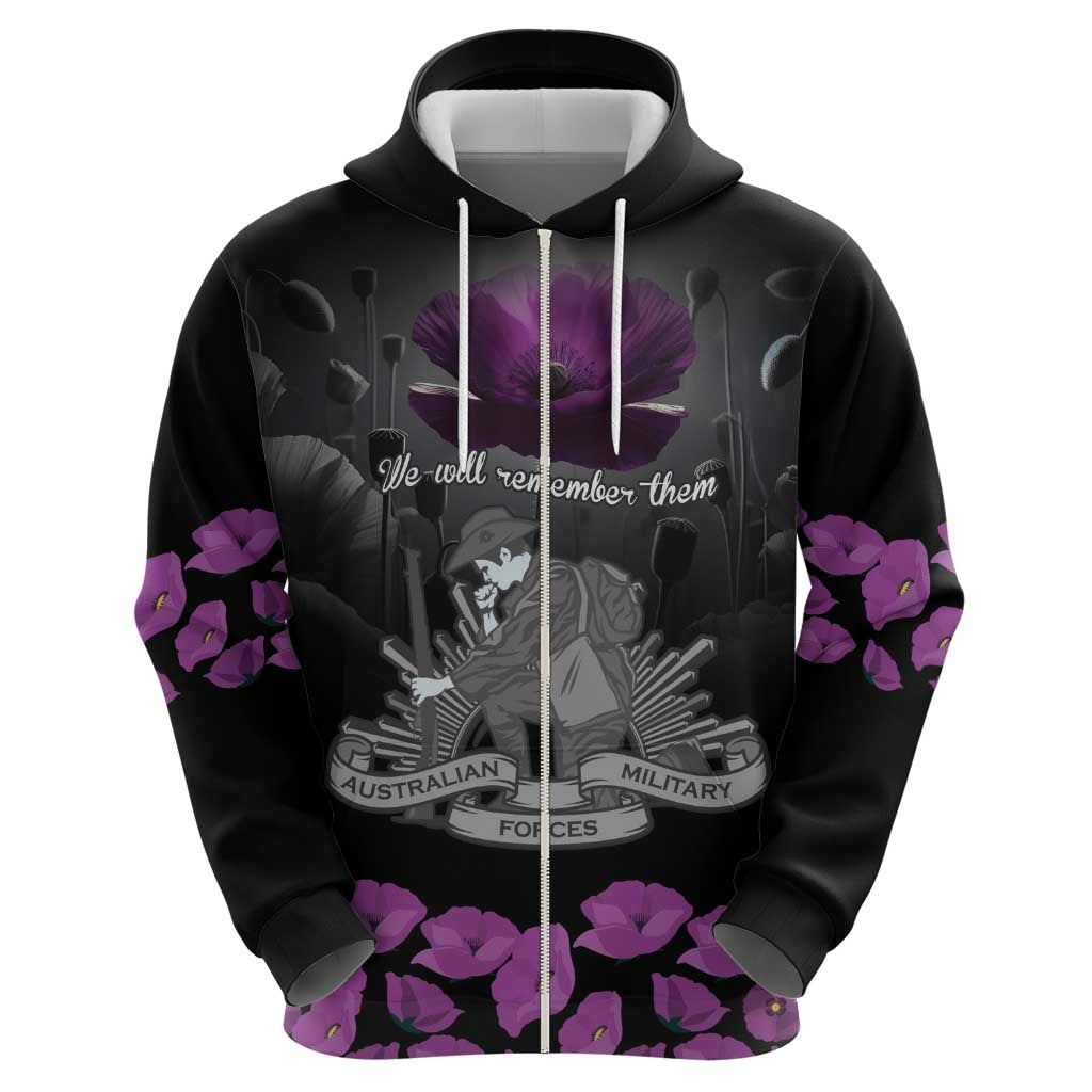 ANZAC Day Remembrance Zip Hoodie Purple Poppy We Will Remember Them