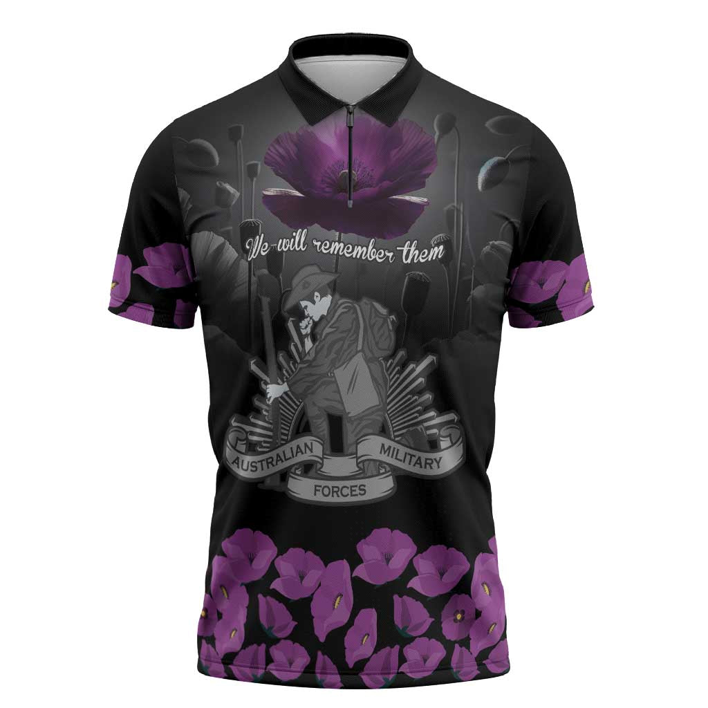 ANZAC Day Remembrance Zipper Polo Shirt Purple Poppy We Will Remember Them