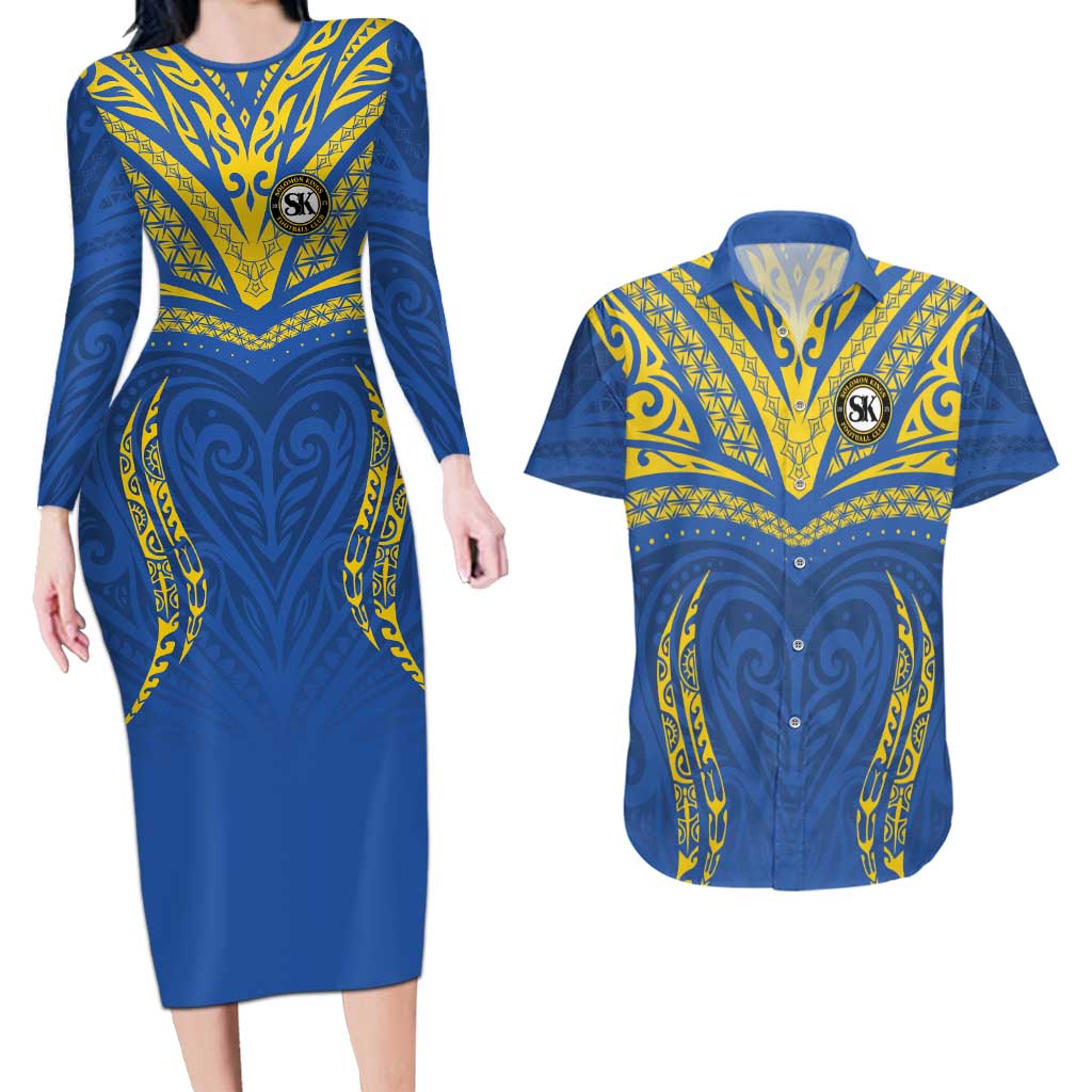 Custom Oceania Football Solomon Kings Couples Matching Long Sleeve Bodycon Dress and Hawaiian Shirt Polynesian Tribal Pattern LT9 Blue - Polynesian Pride