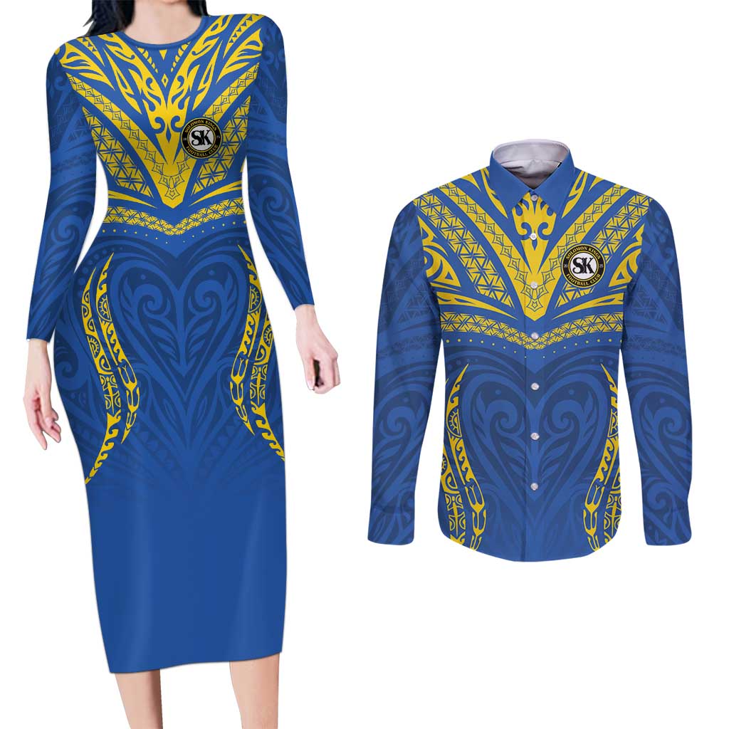 Custom Oceania Football Solomon Kings Couples Matching Long Sleeve Bodycon Dress and Long Sleeve Button Shirt Polynesian Tribal Pattern