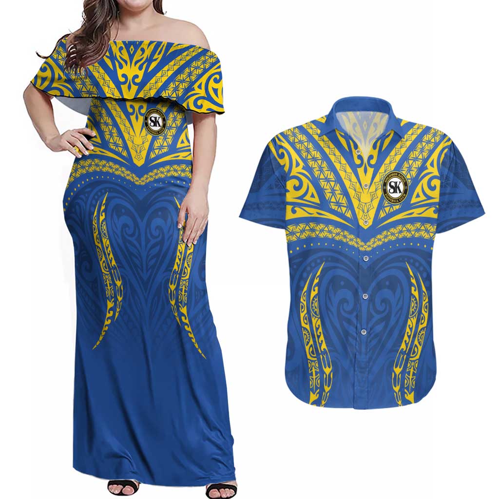 Custom Oceania Football Solomon Kings Couples Matching Off Shoulder Maxi Dress and Hawaiian Shirt Polynesian Tribal Pattern