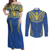Custom Oceania Football Solomon Kings Couples Matching Off Shoulder Maxi Dress and Long Sleeve Button Shirt Polynesian Tribal Pattern