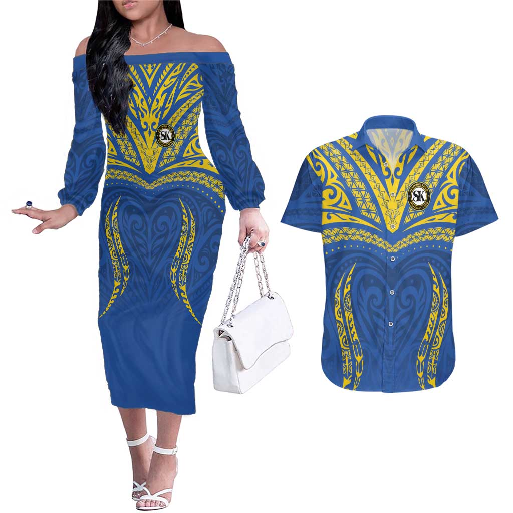 Custom Oceania Football Solomon Kings Couples Matching Off The Shoulder Long Sleeve Dress and Hawaiian Shirt Polynesian Tribal Pattern