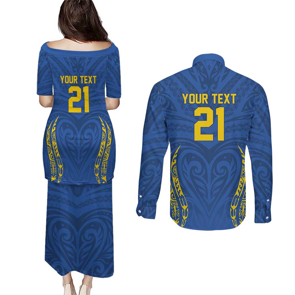 Custom Oceania Football Solomon Kings Couples Matching Puletasi and Long Sleeve Button Shirt Polynesian Tribal Pattern