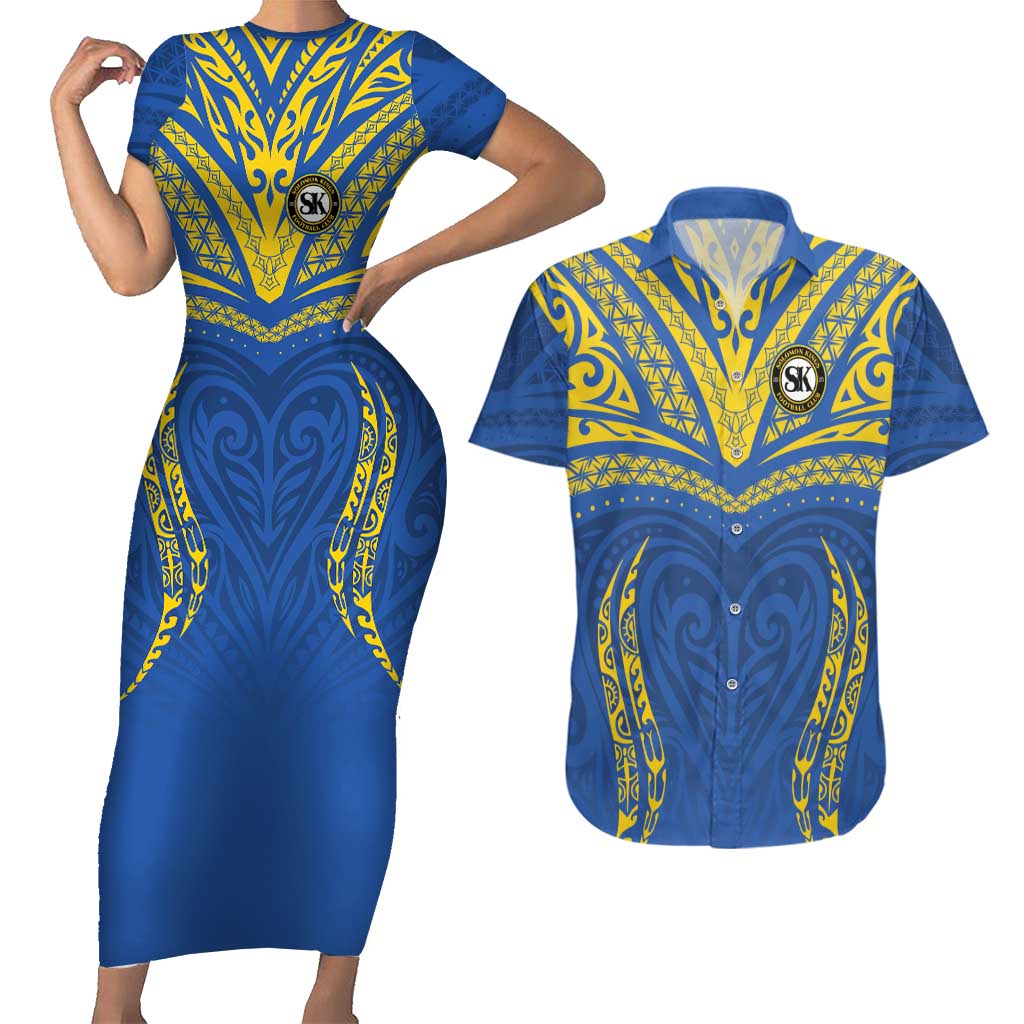 Custom Oceania Football Solomon Kings Couples Matching Short Sleeve Bodycon Dress and Hawaiian Shirt Polynesian Tribal Pattern LT9 Blue - Polynesian Pride