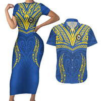 Custom Oceania Football Solomon Kings Couples Matching Short Sleeve Bodycon Dress and Hawaiian Shirt Polynesian Tribal Pattern LT9 Blue - Polynesian Pride