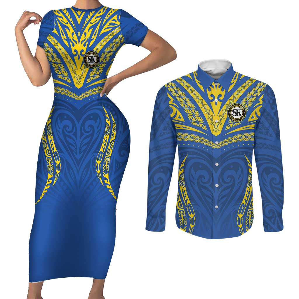 Custom Oceania Football Solomon Kings Couples Matching Short Sleeve Bodycon Dress and Long Sleeve Button Shirt Polynesian Tribal Pattern