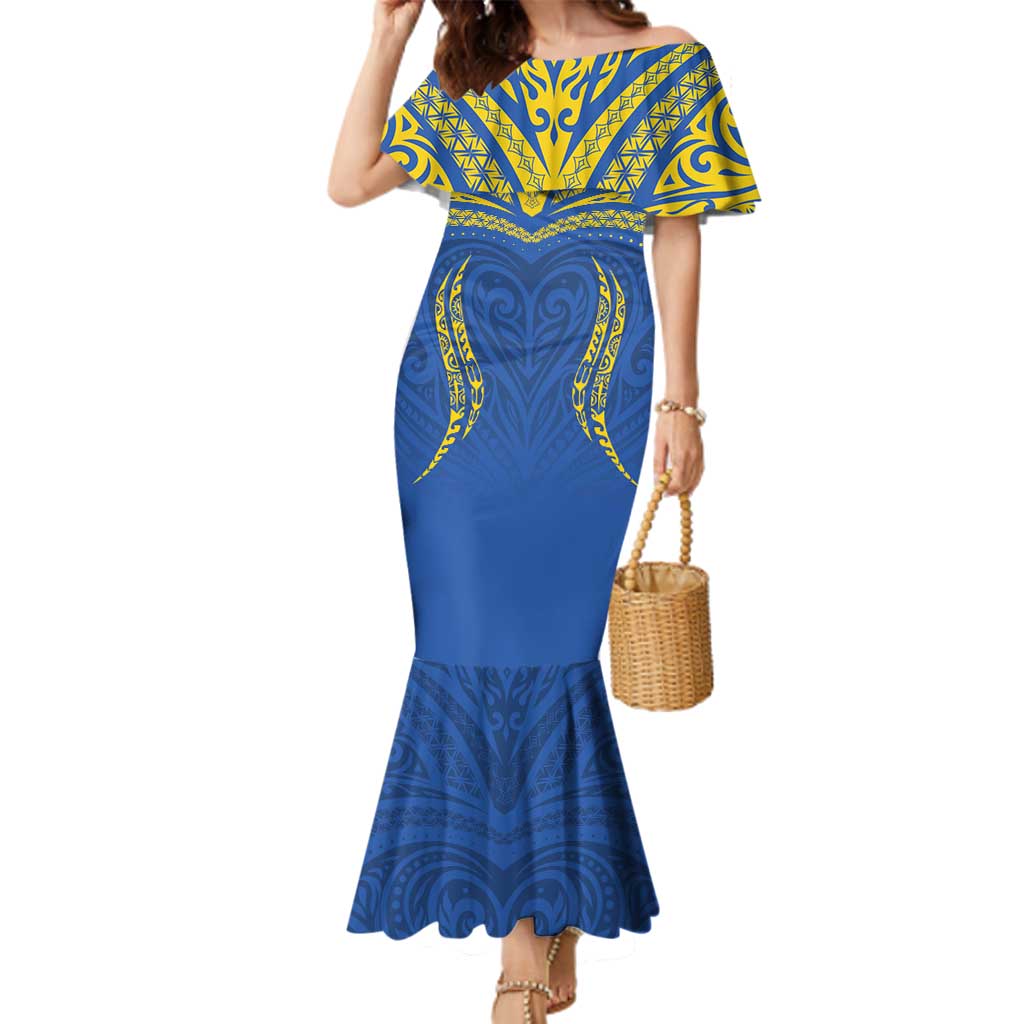 Custom Oceania Football Solomon Kings Family Matching Mermaid Dress and Hawaiian Shirt Polynesian Tribal Pattern LT9 Mom's Dress Blue - Polynesian Pride