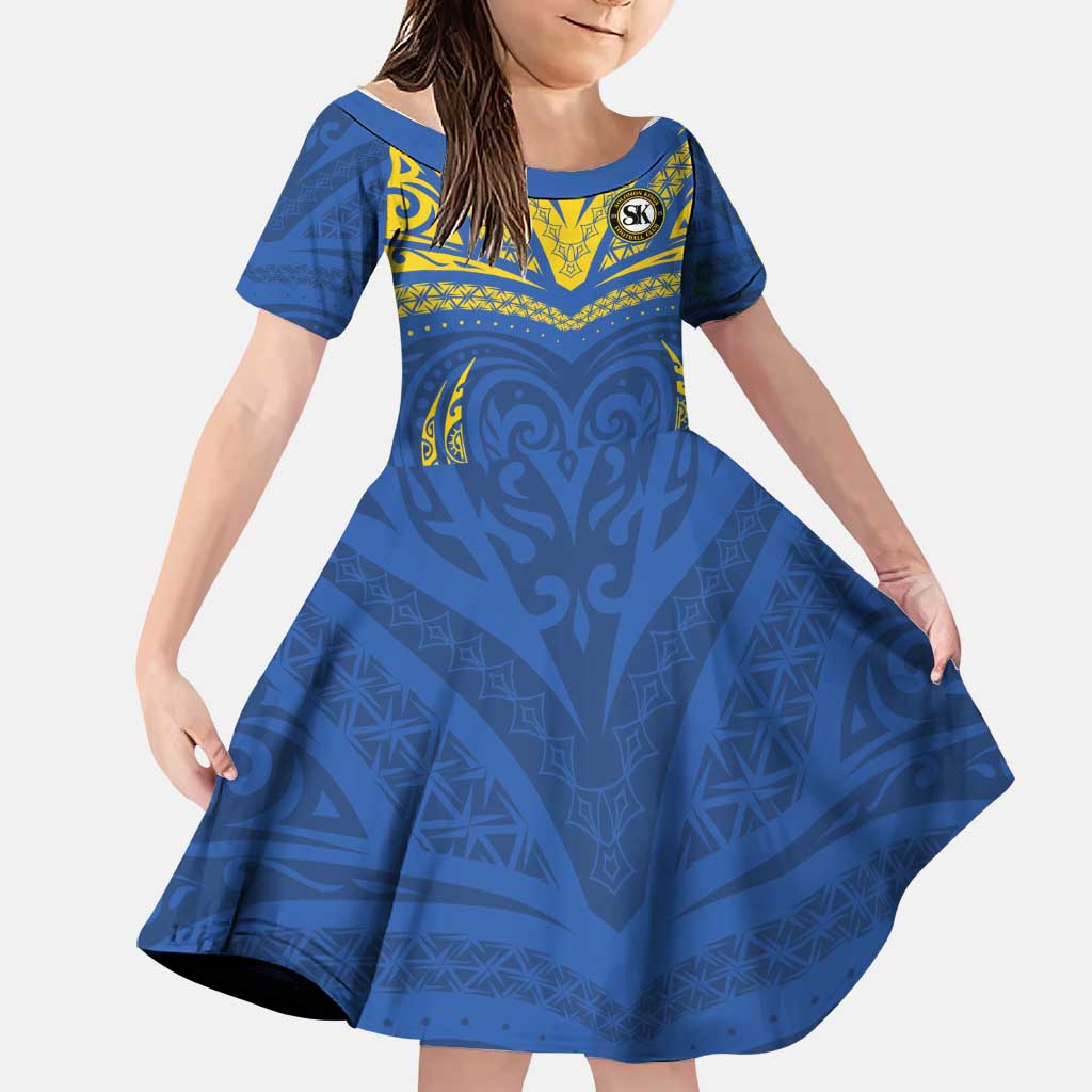 Custom Oceania Football Solomon Kings Family Matching Off Shoulder Maxi Dress and Hawaiian Shirt Polynesian Tribal Pattern LT9 Daughter's Dress Blue - Polynesian Pride