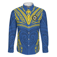 Custom Oceania Football Solomon Kings Family Matching Off Shoulder Maxi Dress and Hawaiian Shirt Polynesian Tribal Pattern LT9 Dad's Shirt - Long Sleeve Blue - Polynesian Pride