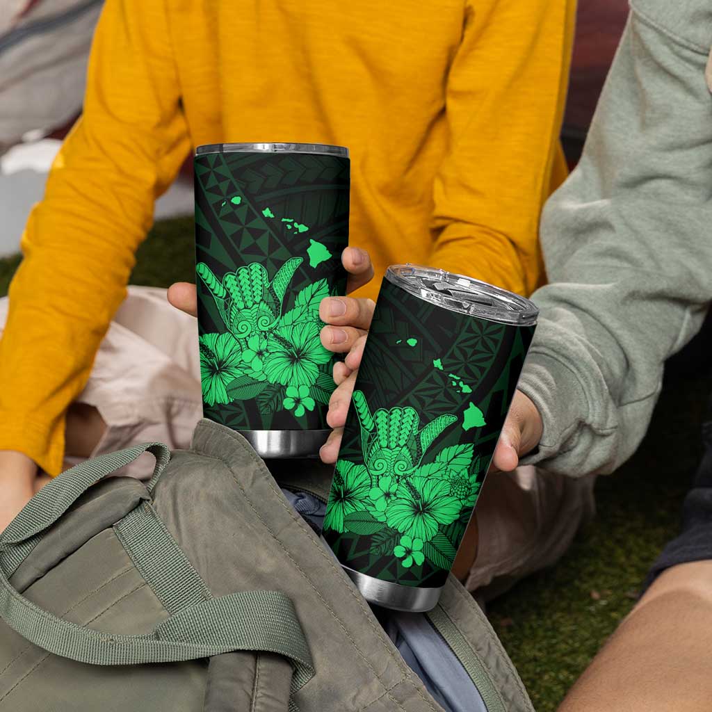 Green Hawaiian Hibiscus Shaka Sign Tumbler Cup