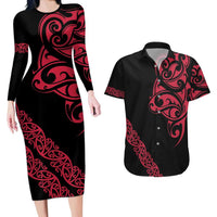 All Black Maori Tribal Tattoo Personalised Couples Matching Long Sleeve Bodycon Dress and Hawaiian Shirt Classic Red Polynesian Style - Polynesian Pride