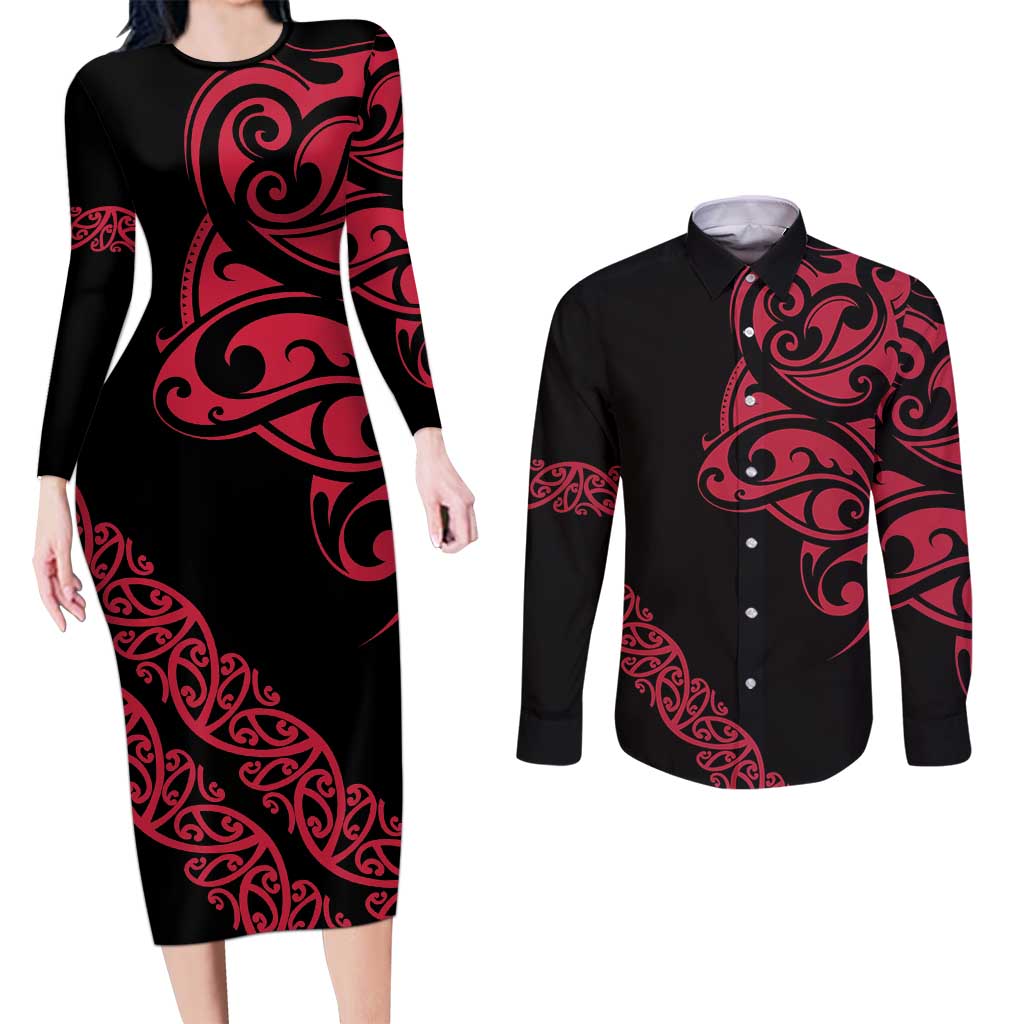 All Black Maori Tribal Tattoo Personalised Couples Matching Long Sleeve Bodycon Dress and Long Sleeve Button Shirt Classic Red Polynesian Style - Polynesian Pride