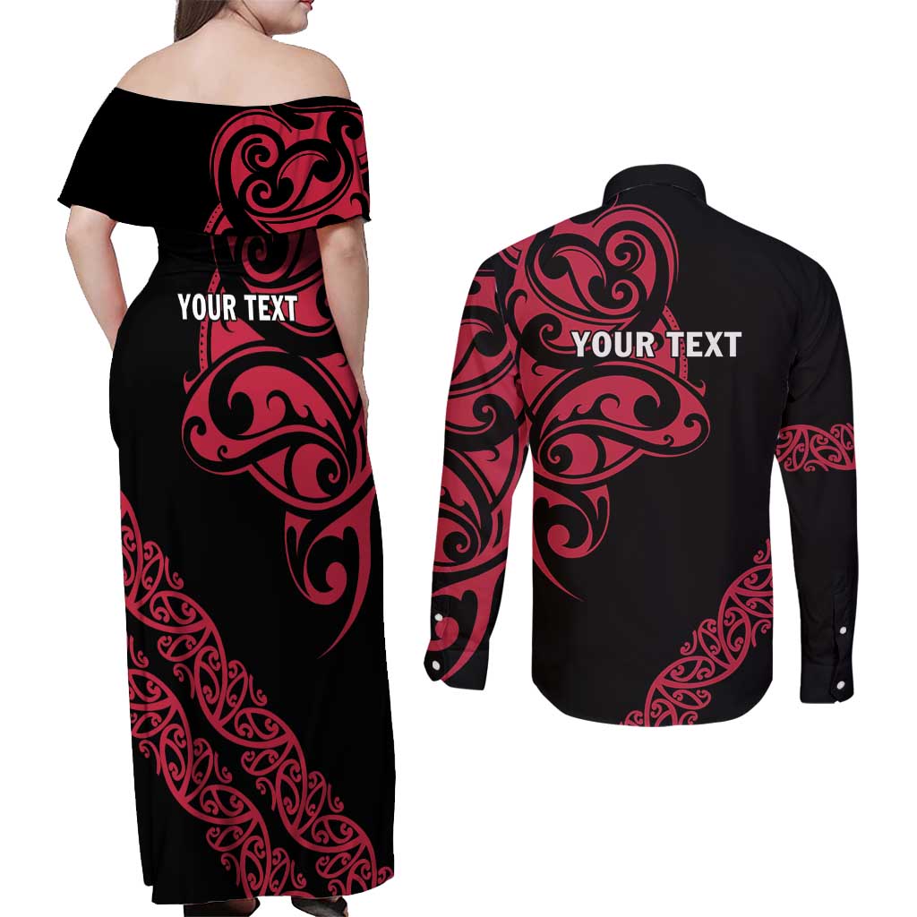 All Black Maori Tribal Tattoo Personalised Couples Matching Off Shoulder Maxi Dress and Long Sleeve Button Shirt Classic Red Polynesian Style - Polynesian Pride