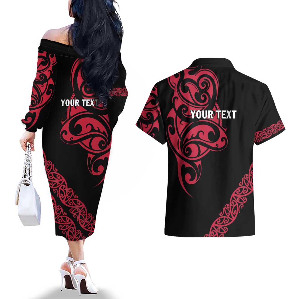 All Black Maori Tribal Tattoo Personalised Couples Matching Off The Shoulder Long Sleeve Dress and Hawaiian Shirt Classic Red Polynesian Style - Polynesian Pride