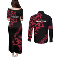 All Black Maori Tribal Tattoo Personalised Couples Matching Puletasi and Long Sleeve Button Shirt Classic Red Polynesian Style - Polynesian Pride