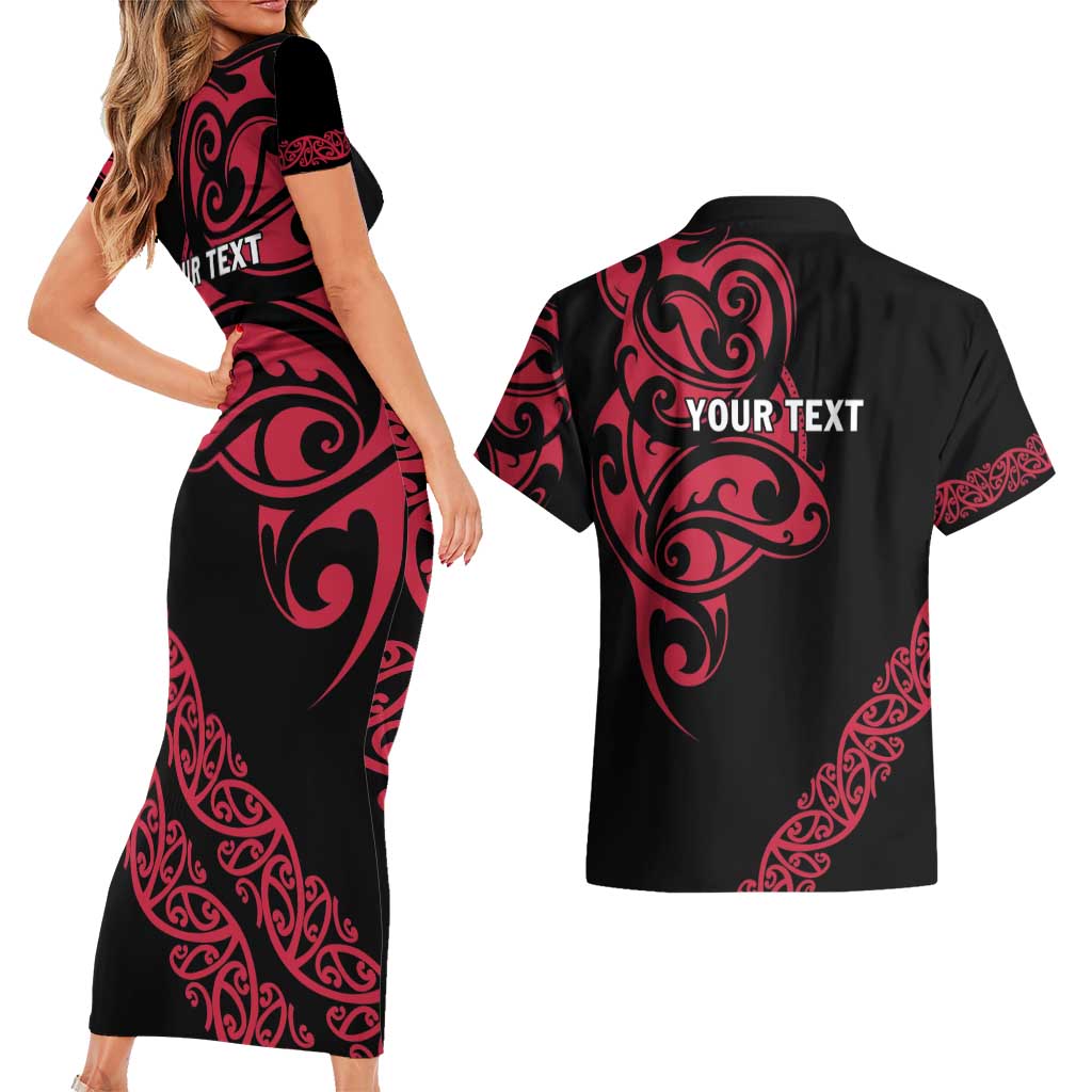 All Black Maori Tribal Tattoo Personalised Couples Matching Short Sleeve Bodycon Dress and Hawaiian Shirt Classic Red Polynesian Style - Polynesian Pride
