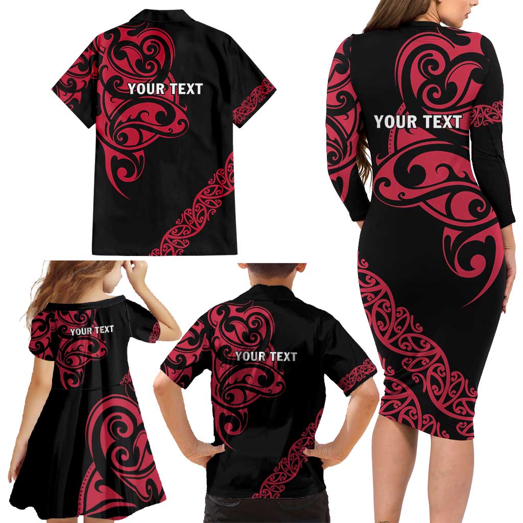 All Black Maori Tribal Tattoo Personalised Family Matching Long Sleeve Bodycon Dress and Hawaiian Shirt Classic Red Polynesian Style LT9 - Polynesian Pride